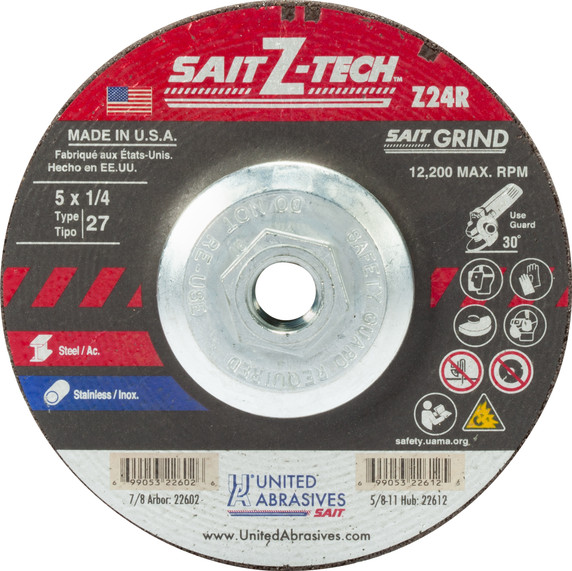 United Abrasives SAIT 22612 5x1/4x5/8-11 Z-TECH Z24R High Performance Super Lock Hub Type 27 Grinding Wheels, 10 pack