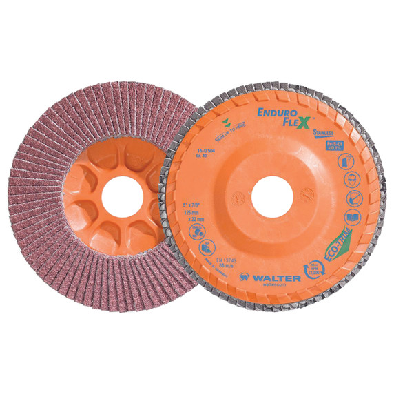 Walter 15Q504 5x7/8 Enduro-Flex Stainless Flap Discs with Eco-Trim Backing 40 Grit Type 27, 10 pack