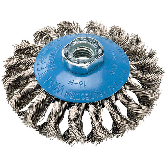 Walter 13H514 5x5/8-11 Angled Saucer Cup Brush with Knot Twisted Wire .02 for Aluminum and Stainless Steel