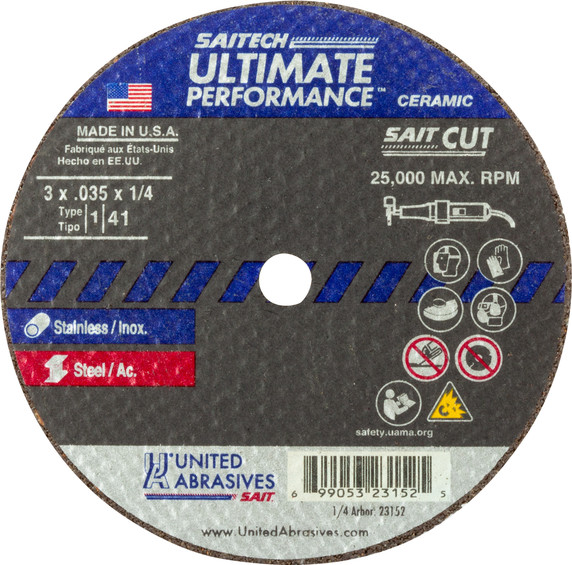 United Abrasives SAIT 23152 3x.035x1/4 Saitech Ultimate Performance Premium Cut-off Wheels, 100 pack