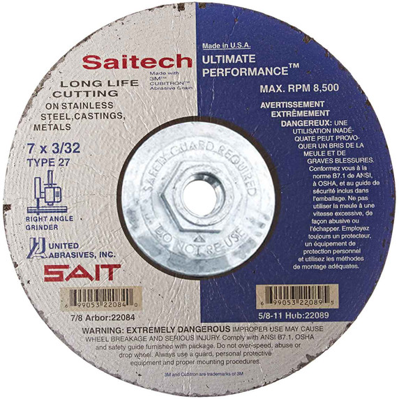 United Abrasives SAIT 22089 7x3/32x5/8-11 Saitech Ultimate Performance Super-Lock Hub Cut-off Wheels, 10 pack