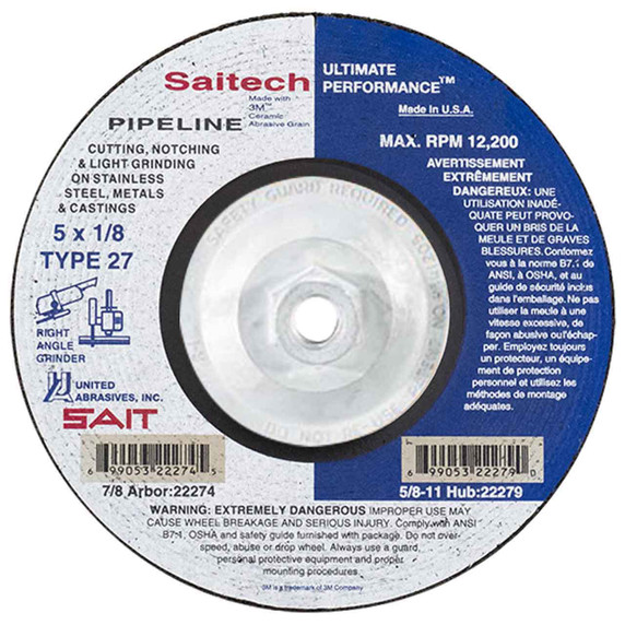 United Abrasives SAIT 22279 5x1/8x5/8-11 Saitech Pipeline Premium Cutting Grinding Wheels, 10 pack