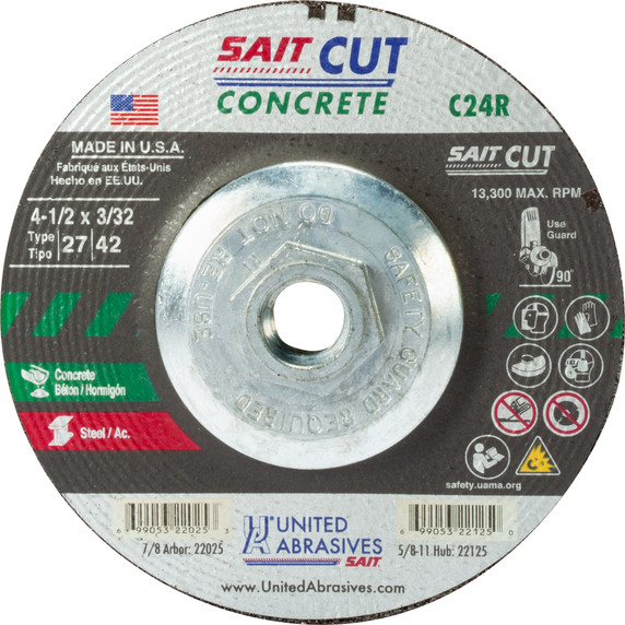 United Abrasives SAIT 22125 4-1/2x3/32x5/8-11 C24R Concrete and Metal Super Lock Hub Cut-off Wheels, 10 pack