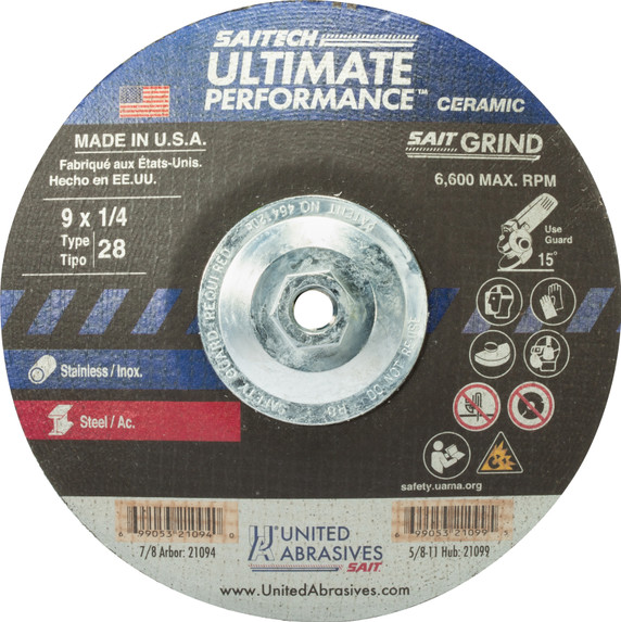 United Abrasives SAIT 21099 9x1/4x5/8-11 Saitech Ultimate Performance Super Lock Hub Type 28 Grinding Wheel, 10 pack