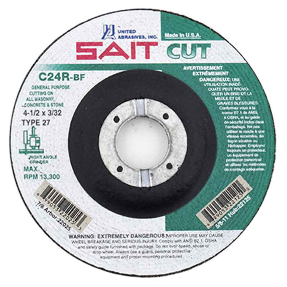 United Abrasives SAIT 22025 4-1/2x3/32x7/8 C24R Concrete and Metal Cut-off Wheels, 25 pack