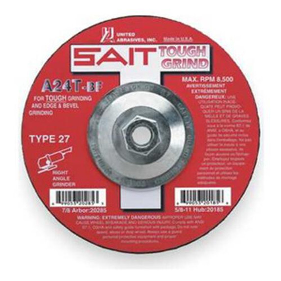 United Abrasives SAIT 20180 6x1/4x5/8-11 A24T Tough Grind Super Lock Hub Type 27 Grinding Wheel, 10 pack