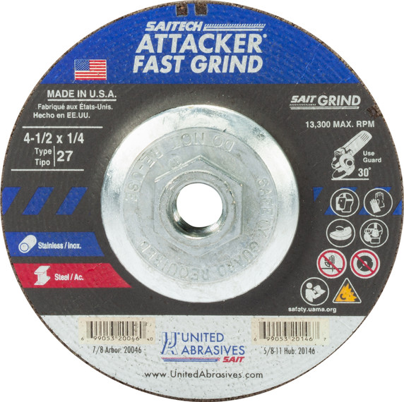 United Abrasives SAIT 20146 4-1/2x1/4x5/8-11 Saitech Attacker Super Lock Hub Type 27 Grinding Wheel, 10 pack