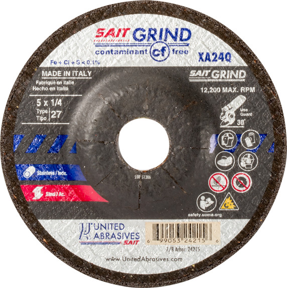 United Abrasives SAIT 24215 5x1/4x7/8 XA24Q Contaminant-Free Stainless Type 27 Grinding Wheel, 25 pack