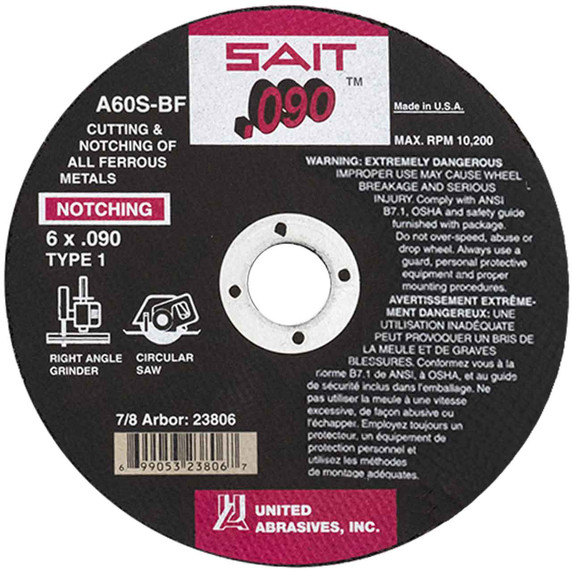 United Abrasives SAIT 23806 6x.090x7/8 A60S General Purpose Cutting Notching Wheels, 25 pack