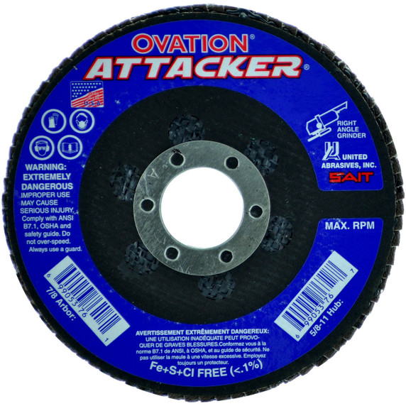 United Abrasives SAIT 76228 5x7/8 Ovation Attacker Type 27 No Hub High Density Zirconium Flap Discs 60 Grit, 10 pack