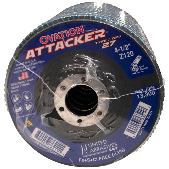 United Abrasives SAIT 76211 4-1/2x7/8 Ovation Attacker Type 27 No Hub High Density Zirconium Flap Disc 120 Grit, 10 pack