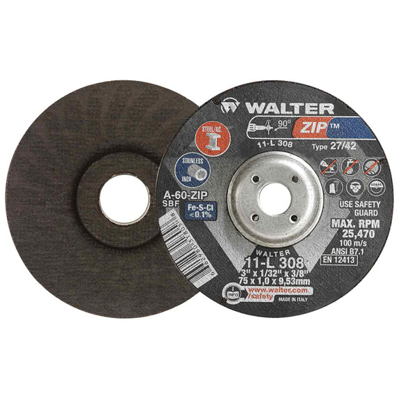 Walter 11L308 3x1/32x3/8 ZIP Metal Hub Steel and Stainless Contaminant Free Cut-Off Wheels Type 27 Grit A60, 25 pack