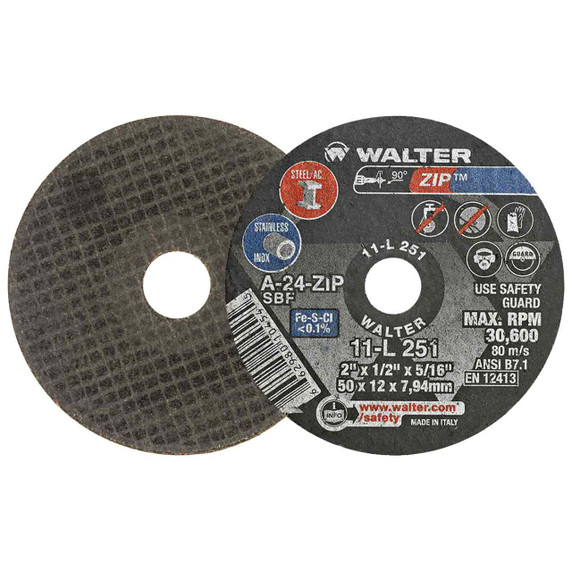 Walter 11L251 2x1/2x5/16 ZIP Steel and Stainless Contaminant Free Cut-Off Wheels Type 1 Grit A24, 25 pack