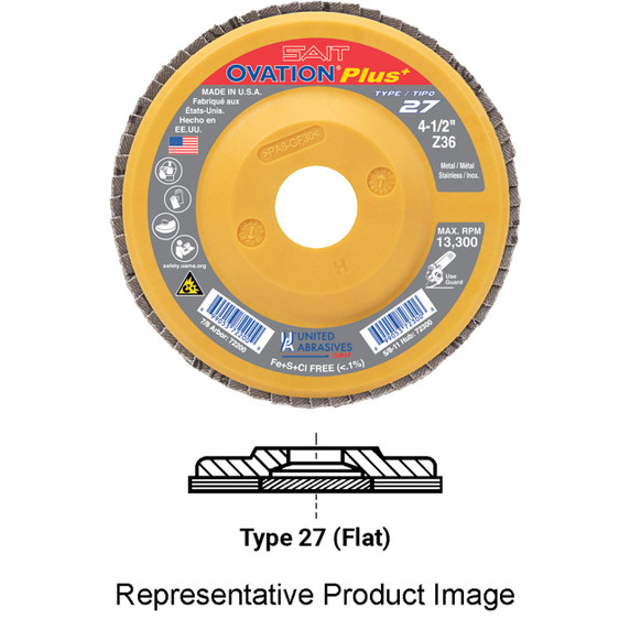 United Abrasives-SAIT 72201 4-1/2x7/8 Ovation Plus High Density Plastic Backed Flap Discs, Type 27, 40 Grit, 10 pack