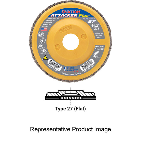 United Abrasives-SAIT 72222 5x7/8 Ovation Attacker Plus High Density Plastic Backed Flap Discs, Type 27, 60 Grit, 10 pack