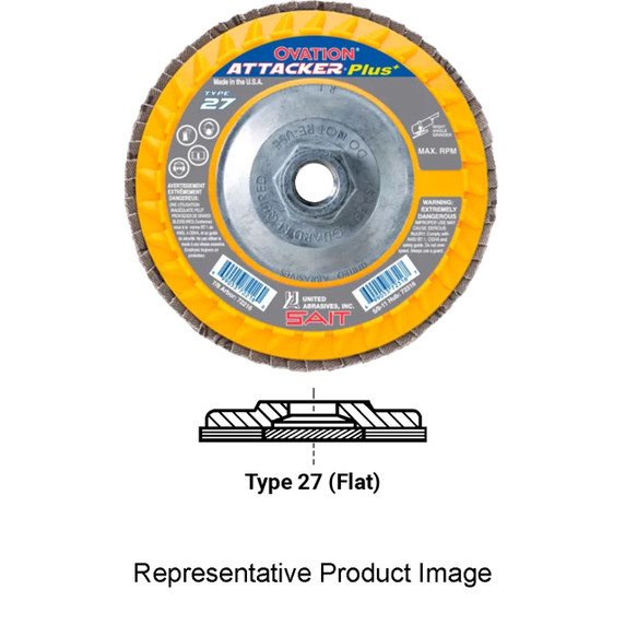 United Abrasives-SAIT 72316 4-1/2x5/8-11 Ovation Attacker Plus High Density Plastic Backed Flap Discs, Type 27, 60 Grit, 10 pack