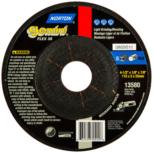 Norton 66252830424 41/2x1/8x7/8 In. Gemini Flexible AO Grinding Wheels