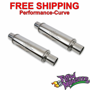 (Pair) FlowMonster Stainless Resonator Muffler 2.5"In / Out 4" Round 14416-FM (Pair) FlowMonster Stainless Resonator Muffler 2.5"In / Out 4" Round 14416-FM