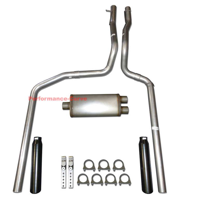 87-96 Ford F150 F250 Truck Performance Dual Exhaust System w/ 18" MaxFlow Muffler - Black Tips