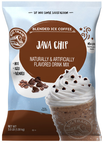 Big Train Java Chip Blended Ice Coffee Frappe Mix is one of the easiest ways to satisfy your craving for a caffeinated iced coffee frappe with a hint of real chocolate chunks. All that’s needed is water, ice and a blender! This Big Train blended coffee beverage mix is a blend of the finest ingredients like Arabica coffee and a signature creamy base. It's the perfect morning or afternoon pick-me-up. Serve hot, iced or blended with ice for a delicious Big Train frappe.