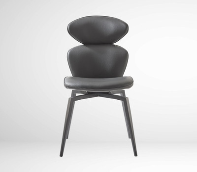 Dark grey leather dining chair with metal swivel base.