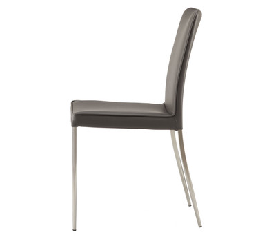 Profile of grey faux leather dining chair with metal legs.