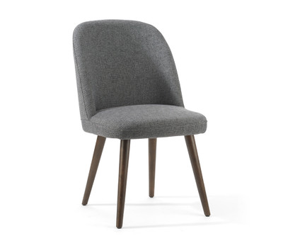 dining side chair, carbon gray colored fabric, walnut stained legs, mid-century modern design