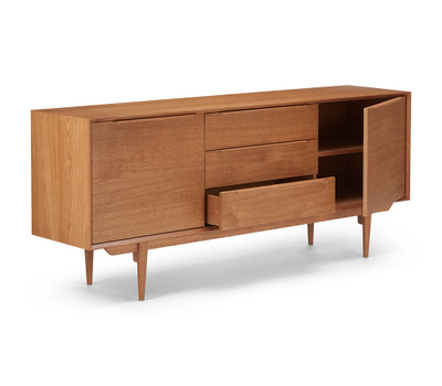 teak stained oak sideboard with three drawers and to cabinets. Sideview. Door and drawer open.