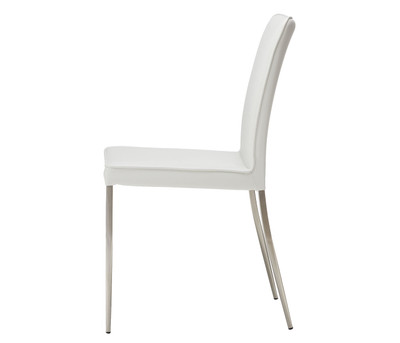 Profile of white faux leather dining chair with metal legs.