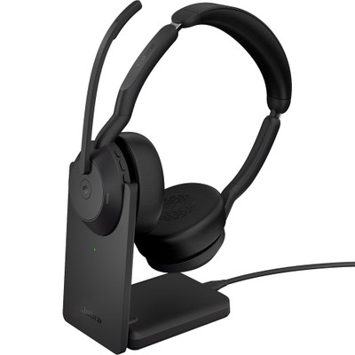 Jabra Evolve2 55 MS Stereo Bluetooth Headset on desk stand Jabra Evolve2 55 MS Stereo Bluetooth Headset on desk stand