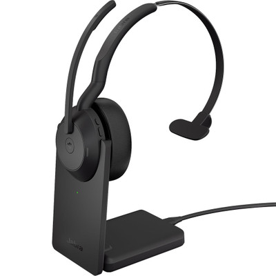 Jabra Evolve2 55 MS Mono Bluetooth Headset on desk stand Jabra Evolve2 55 MS Mono Bluetooth Headset on desk stand