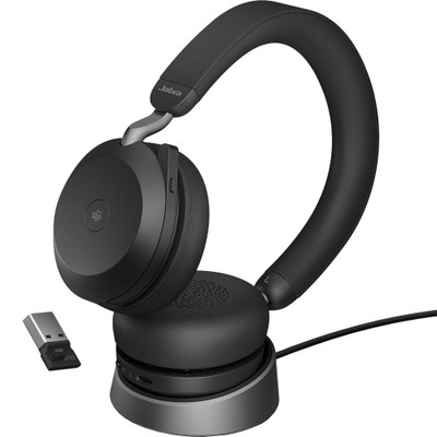 Jabra Evolve2 75 MS Headset On Charging Stand, USB-A Dongle Jabra Evolve2 75 MS Headset On Charging Stand, USB-A Dongle