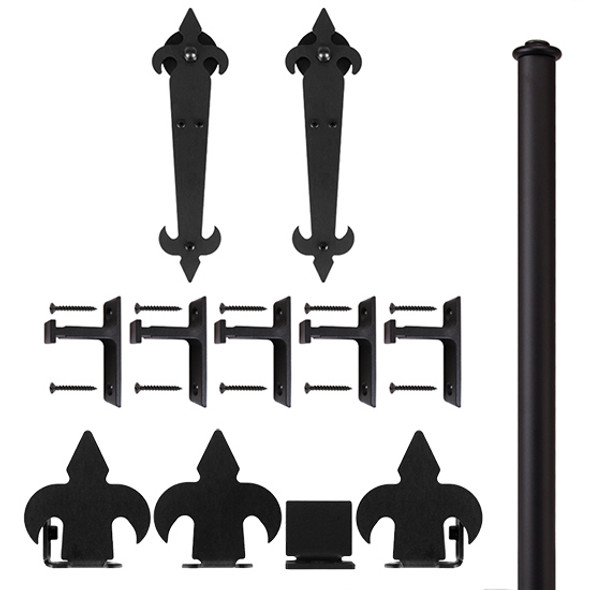 QG Rolling Door Non-Hammered Fleur-de-Lis Hardware Kit, w/Long Brackets, Black QG Rolling Door Non-Hammered Fleur-de-Lis Hardware Kit, w/Long Brackets, Black