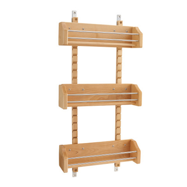 Adjustable Door Mount Spice Rack w/3 Bins for 18" Wall Cabinet Natural Wood Maple