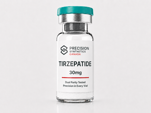 Tirzepatide 30mg research-use lyophilized material in a sealed 3 mL glass vial from Precision Synthetics Canada