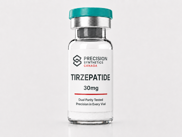 Tirzepatide 30mg research-use lyophilized material in a sealed 3 mL glass vial from Precision Synthetics Canada