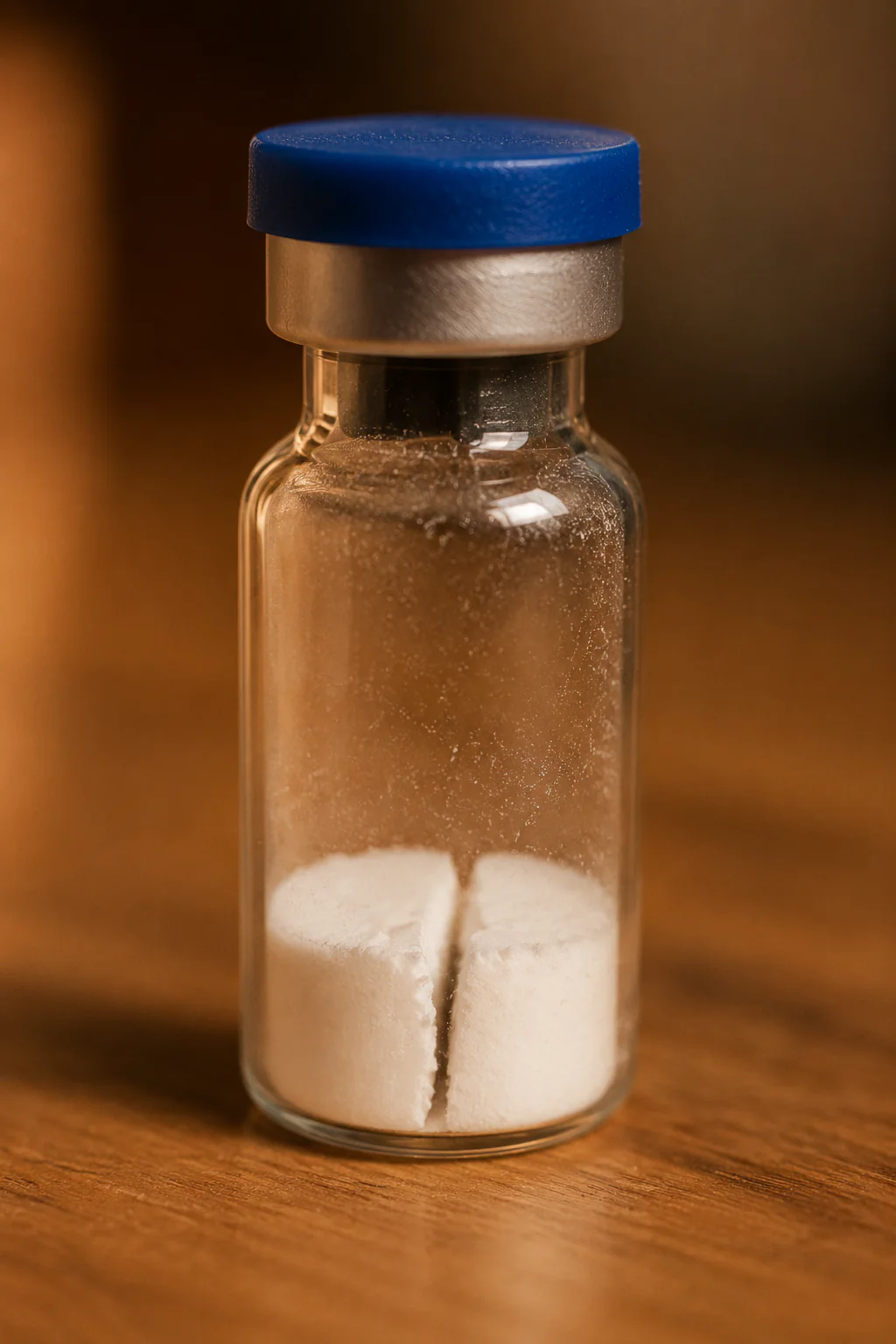 Research vial containing a fractured white lyophilized cake