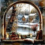 Christmas Window Magnet (Cabinwith snow and lake) / 24-3177.