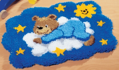Blue Bear on Cloud Shaped Rug - Latch Hook / PNV14358