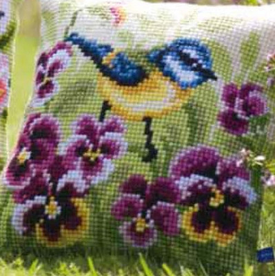 Blue Tit on Pansies Cushion / PNV145430