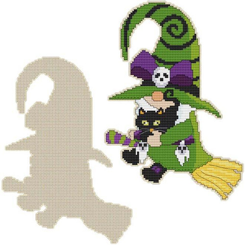 Blank Design - Halloween Gnome Witch On Broom / Cross Stitch On Blanks