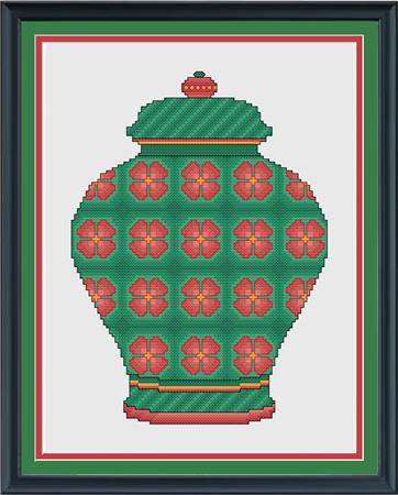 Coral & Emerald Floral Ginger Jar / Crossstitchcards