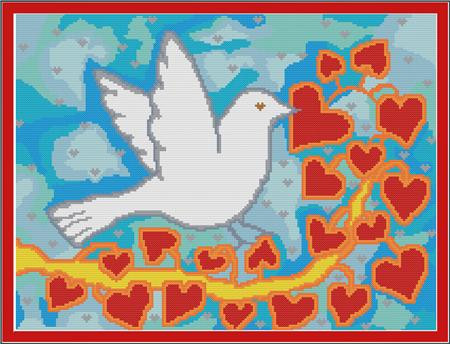 Bird & Hearts On Blue Silk / Crossstitchcards