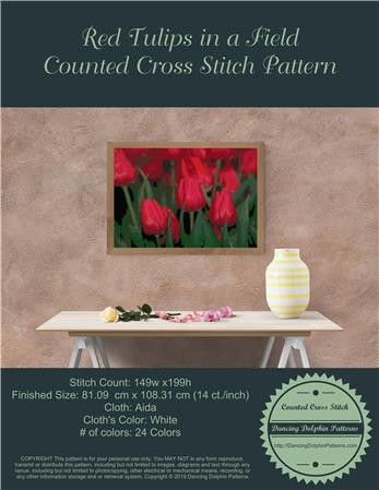 Red Tulips In A Field | Counted Cross Stitch Pattern / Dancing Dolphin Patterns
