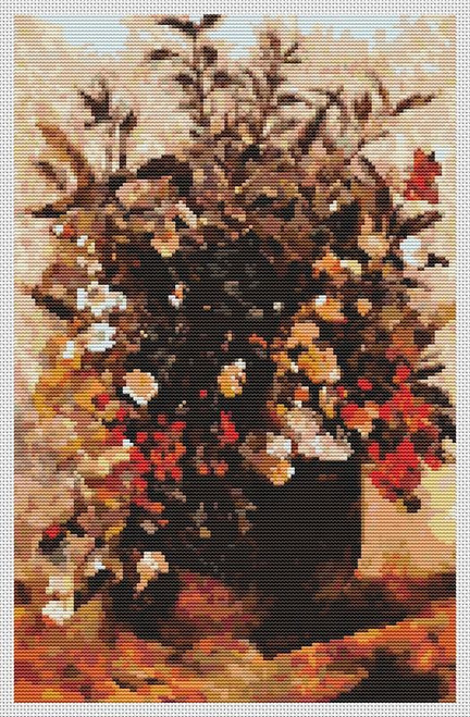Autumn Berries And Flowers In Brown Pot / The Art Of Stitch