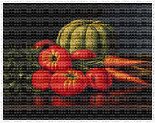 Still Life With Cantaloupe, Tomatoes, And Carrots / The Art Of Stitch