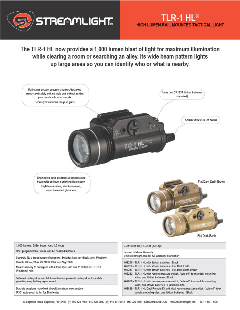 個人装備 STREAMLIGHT TLR-1 HL Streamlight TLR-1 HL® Weapon Light With Rail Locating Keys