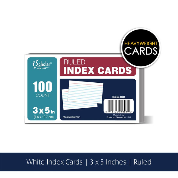INDEX CARD WHITE RULED 3" X 5" PQT.100