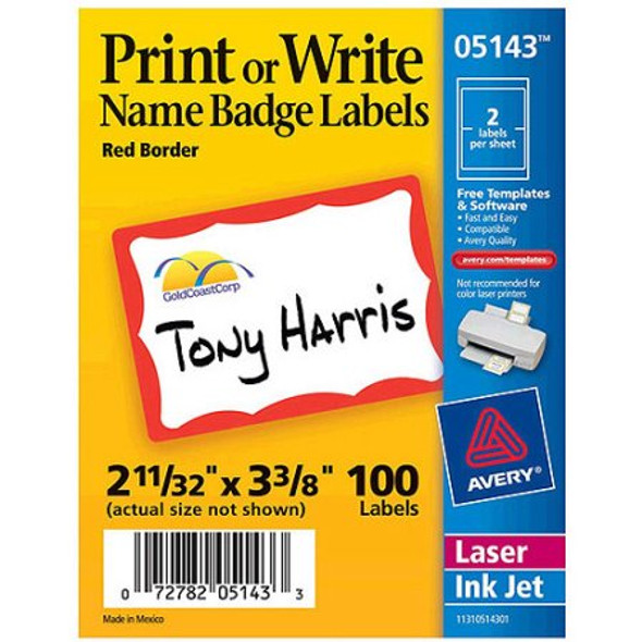 NAME BADGE LABELS RED 2-11/32" X 3-3/8" PQ.100