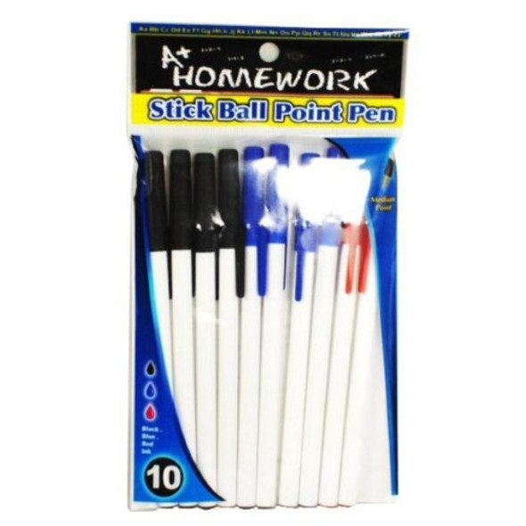 WHITE BARREL STICK PENS ASST INK PQ.10